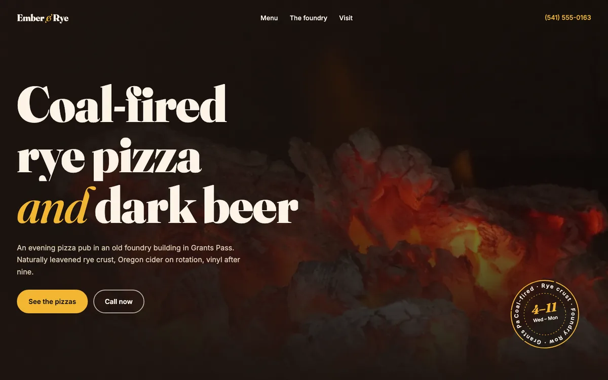 Example website for a pizza pub: a dark, warm dining-room photo behind a big serif headline